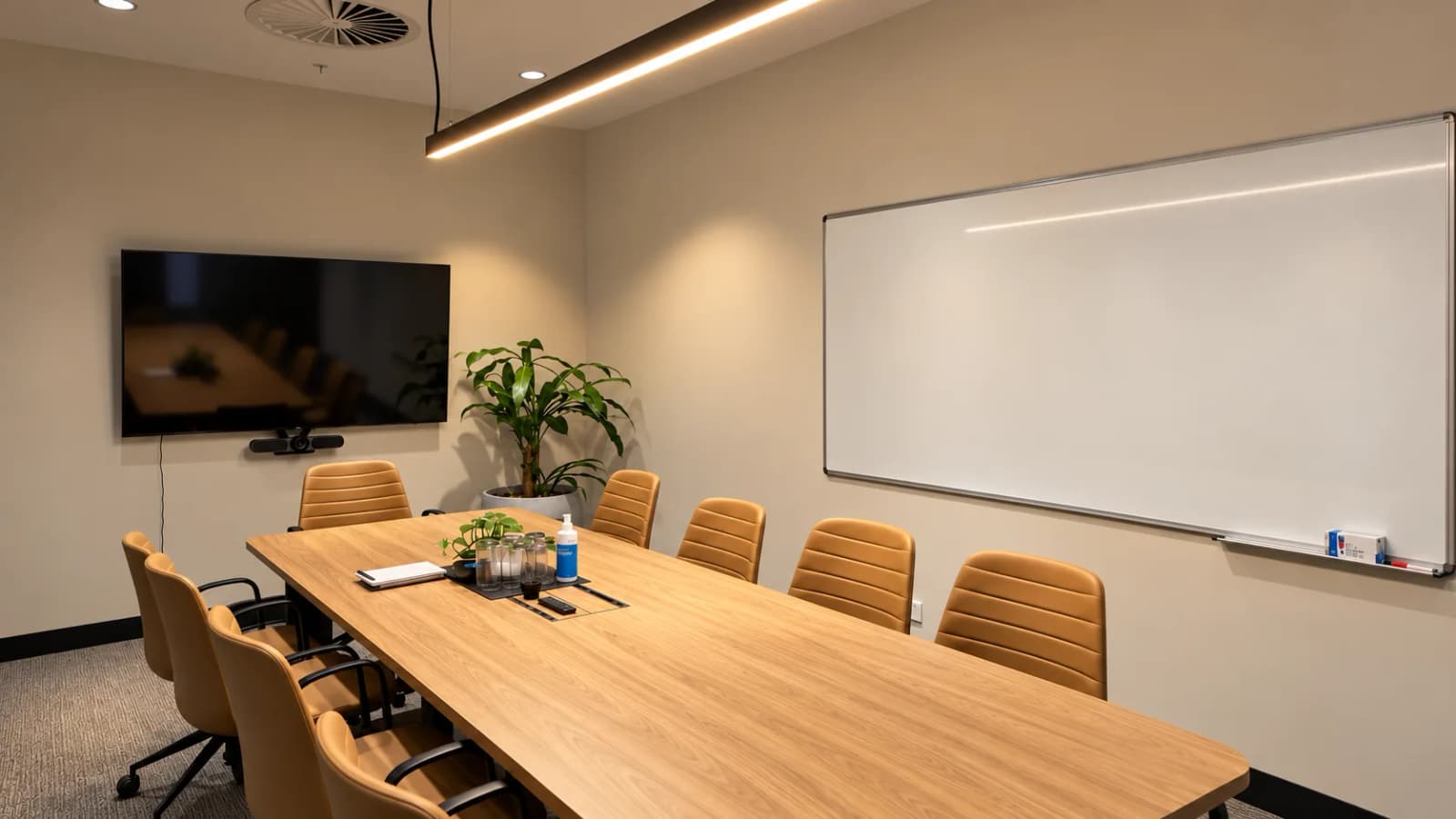 The St Leonards room: a long timber table with tan chairs, a large whiteboard and a wall-mounted screen